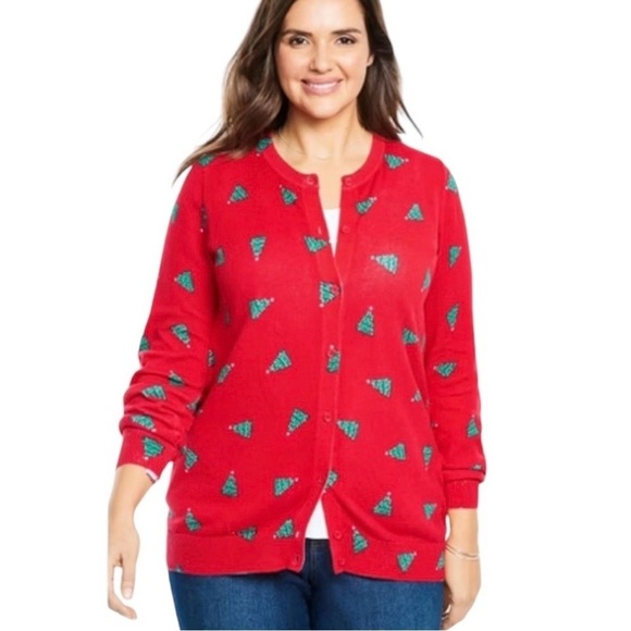 Woman Within Sweaters - Christmas Tree Cardigan Plus Size XXL Artsy Teacher Grannycore Knit Lightweight
